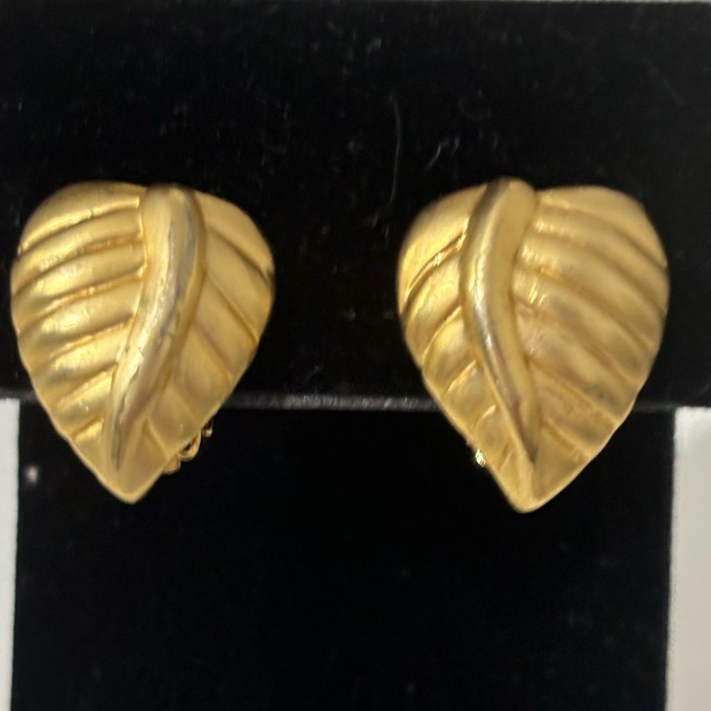 Vintage leaf clip ons satin gold tone